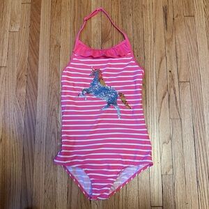 Boden Pink and White Striped Kids One Piece with Unicorn